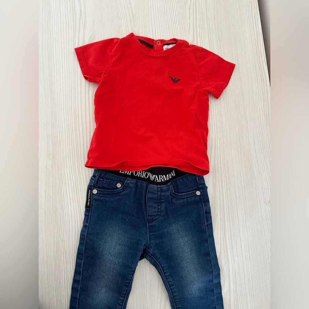 Emporio Armani complete outfit: stretch jeans and matching red short shi…